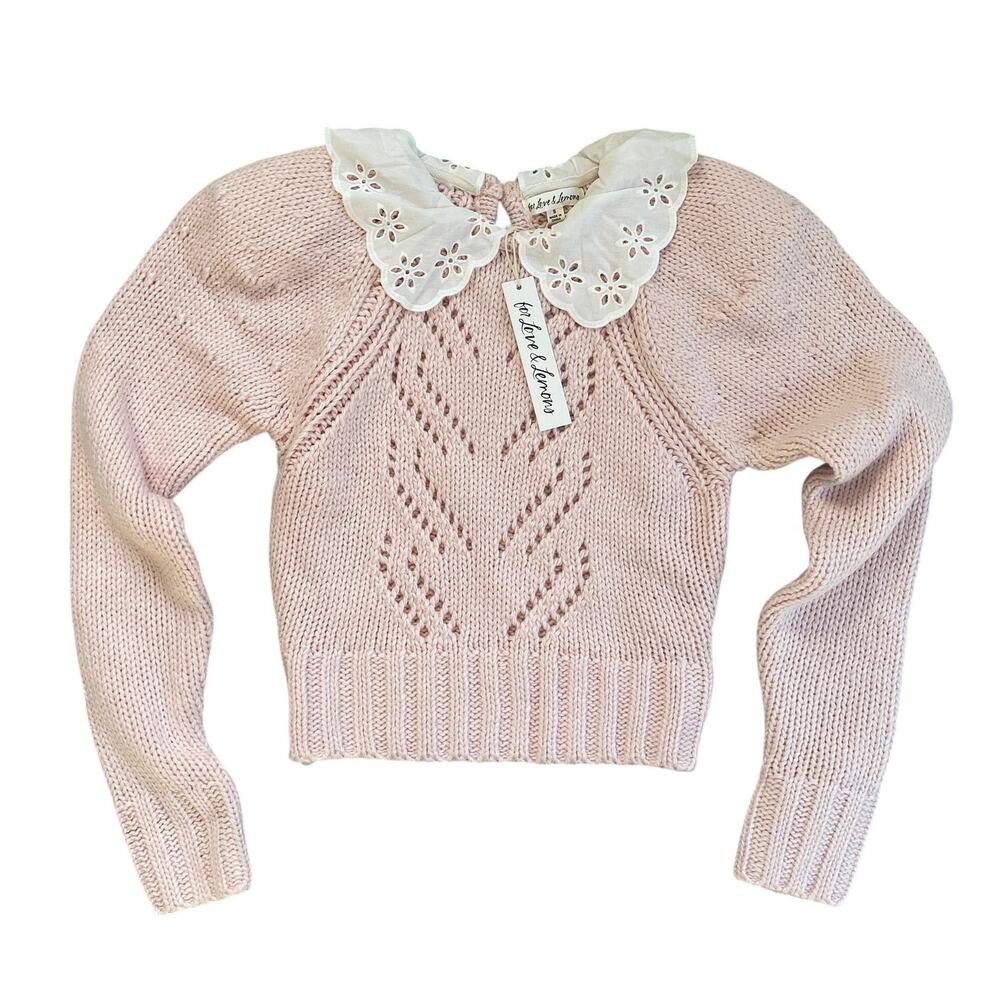 NEW For Love & Lemons Stacy Light Pink Peter Pan Eyelet Collar Sweater Size S - Picture 2 of 10